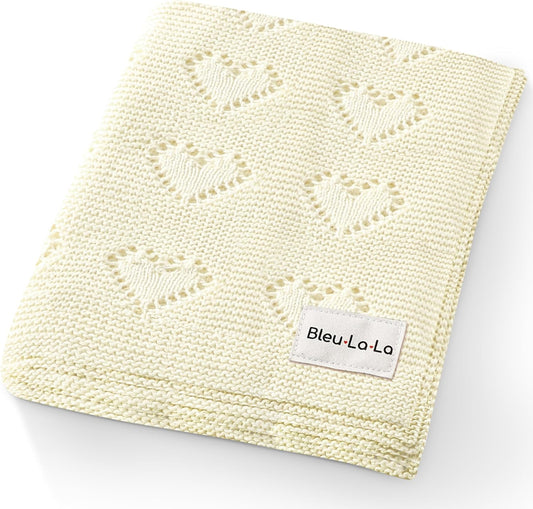100% Cotton Unisex Heart Knit Swaddle Luxury Baby Blanket for Girls and Boys - Soft Warm Cozy Swaddling Receiving Stroller Crib Blanket for Newborns Infants Toddlers (Ivory, 0-2 Years)