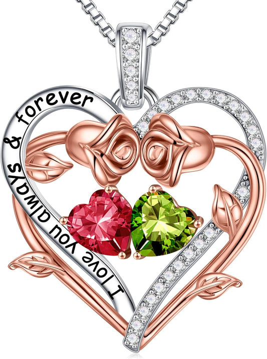 Iefil Rose Heart Double Birthstone Necklace Gifts for Wife Her Mom Women, Birthstone Jewelry Gemstone Birthday Gifts for Girlfriend Grandma Her Wife Women