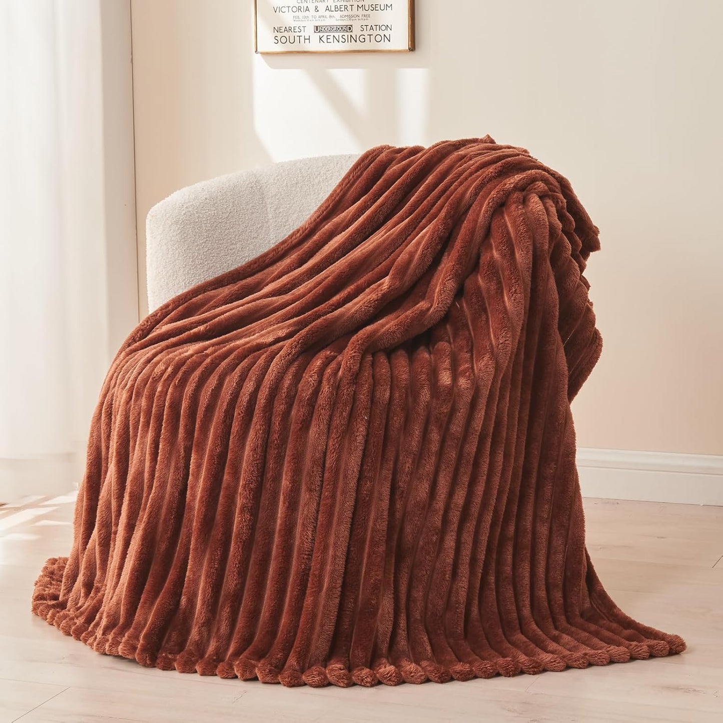 NEWCOSPLAY Super Soft Twin Blanket Coffee Premium Silky Flannel Fleece 3D Ribbed Jacquard Lightweight Bed Blanket All Season Use (Coffee Ribbed, Twin(60"x80"))