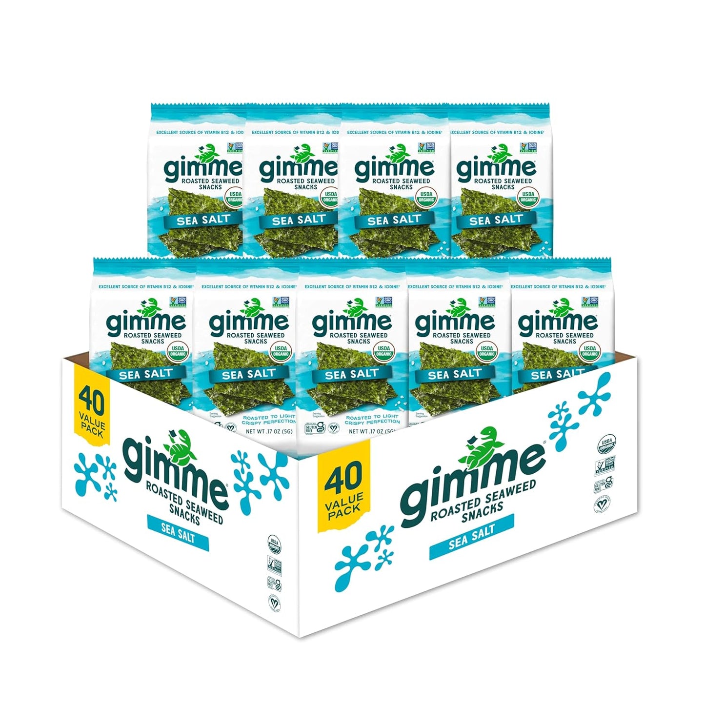 gimMe Organic Roasted Seaweed Sheets, Sea Salt, Keto, Vegan, Gluten Free, Great Source of Iodine and Omega 3’s, Healthy On-The-Go Snack for Kids & Adults, #1 Sea Salt, 0.17 Ounce (Pack of 40)