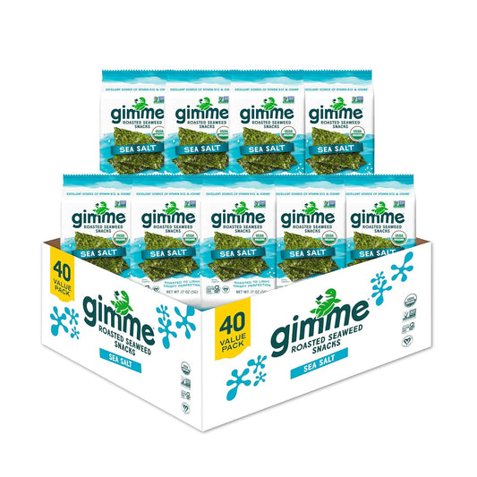 gimMe Organic Roasted Seaweed Sheets, Sea Salt, Keto, Vegan, Gluten Free, Great Source of Iodine and Omega 3’s, Healthy On-The-Go Snack for Kids & Adults, #1 Sea Salt, 0.17 Ounce (Pack of 40)
