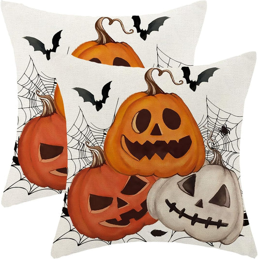 Halloween Pillow Covers 18x18 Set of 2 Black Spider Web Bat Orange Pumpkin Decorative Throw Pillow Covers Outdoor Decor Autumn Halloween Pillowcase Farmhouse Linen Cushion Case for Sofa Couch