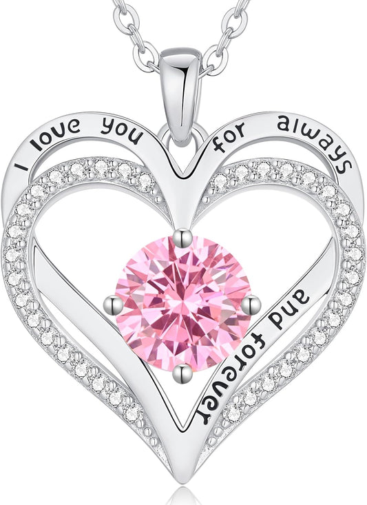 LOUISA SECRET Love Heart Birthstone Necklaces for Women, Birthday Gift for Women, Anniversary Jewelry for Wife Her, 925 Sterling Silver Pendant Necklace, Mother's Day Gift