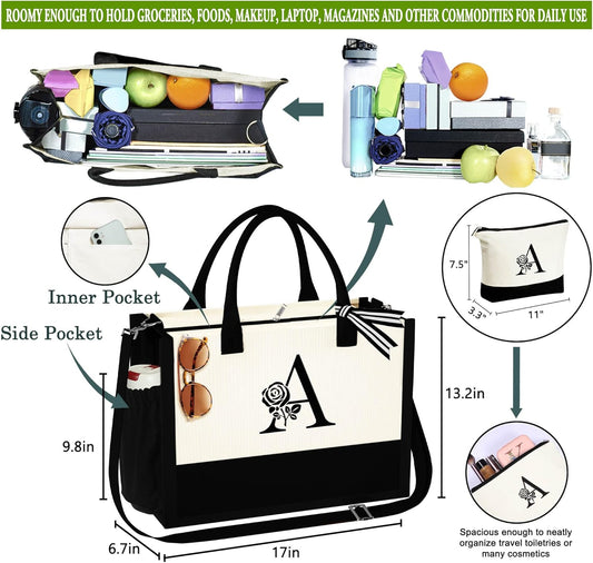 YOOLIFE Gifts for Women - Initial Canvas Tote Bag & Makeup Bag Birthday Gifts for Women Wife Mom Friend Teacher Sister