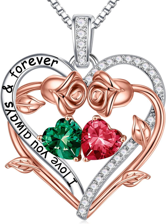 Iefil Rose Heart Double Birthstone Necklace Gifts for Wife Her Mom Women, Birthstone Jewelry Gemstone Birthday Gifts for Girlfriend Grandma Her Wife Women