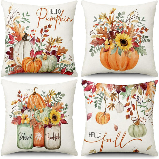 Hello Fall Pumpkin Pillows Decorative Throw Pillows Covers, 18x18 Inch Autumn Thankful Blessed Maple Leaf Harvest Floral Decorations for Sofa Couch Living Room Set of 4