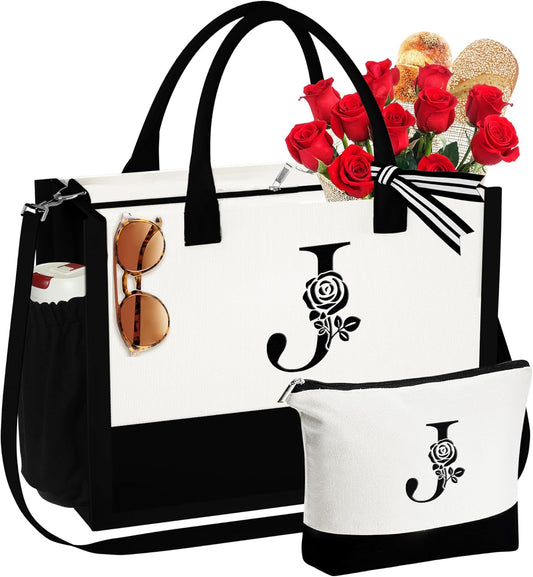 YOOLIFE Gifts for Women - Initial Canvas Tote Bag & Makeup Bag Birthday Gifts for Women Wife Mom Friend Teacher Sister
