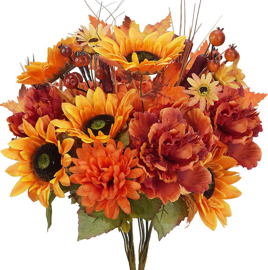 2 Bundles Fall Flowers Artificial for Decoration, Silk Flowers Bouquet Fake Sunflowers with Peony Mums Orange Faux Flowers for Cemetery Grave Home Wedding Party Autumn Thanksgiving Decor (21")