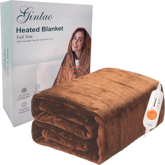 Gintao Electric Heated Blanket Full Size, 72"x84" Double Soft Flannel Electric Blanket with 3 Heating Levels,ETL&FCC Certified,8H Auto Off Heating Blanket&Overheat Protection,Gifts,Brown