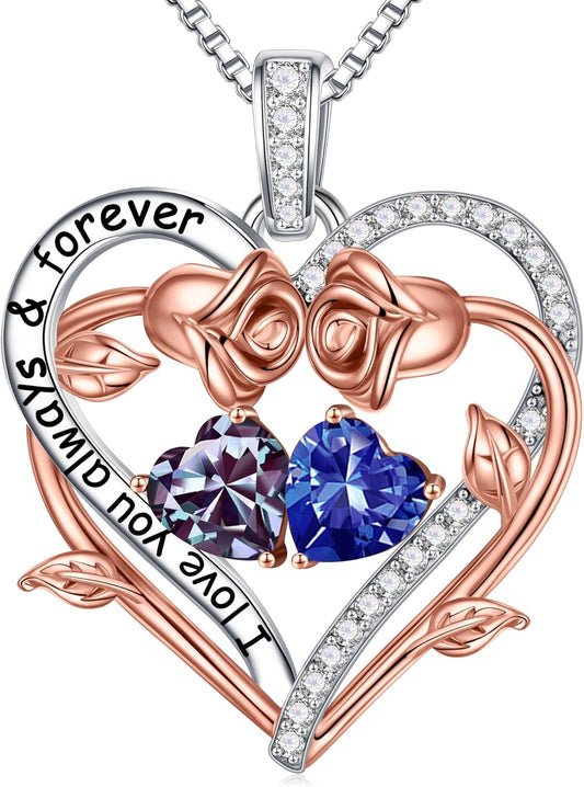 Iefil Rose Heart Double Birthstone Necklace Gifts for Wife Her Mom Women, Birthstone Jewelry Gemstone Birthday Gifts for Girlfriend Grandma Her Wife Women