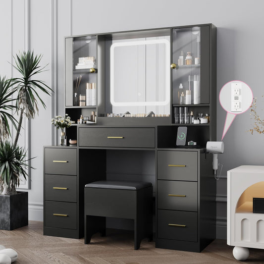 Makeup Vanity with LED Light Strip Mirror and Chair, 7 Drawers & 2 RGB Cabinets Black Vanity Makeup Desk with Power Strip, Adjustable LED Lighting, and Cushioned Stool for Women, Girls, Teens