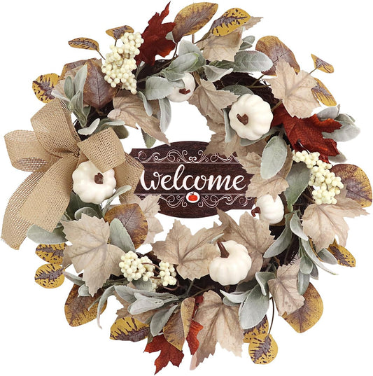 Fall Wreaths for Front Door Outside Decor, 20" Eucalyptus Maple Leaves Pumpkins Autumn Wreath Decorations with Bow and Hanging Sign for Thanksgiving Home Outdoor Indoor Porch Harvest