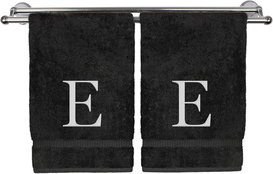 Monogrammed Hand Towel, Personalized Gift, Set of 2- White Block Letter Embroidered Towel - Extra Absorbent 100% Turkish Cotton - Soft Terry Finish - Initial E Black