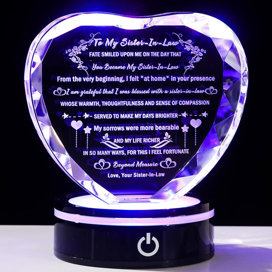 YWHL Sister in Law Birthday Gifts with Colorful LED Base Unique Heart Crystal Keepsake for Unbiological Bonus Sister Wedding Thanksgiving Gift Ideas