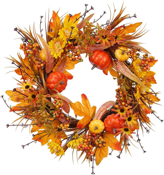 19Inch Fall Wreath, Artificial Pumpkins Maple Leaves Berry Fall Wreaths for Front Door Decor, for Home Autumn Harvest Thanksgiving Porch Outdoor Decorations.