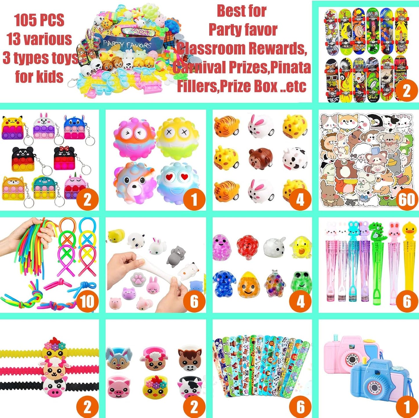 105 PCS Assortment Party Favors Toys for kids, Premium Mini Ctue Favors for All Ages kids Grils,Prize Box Toys,Goody Bag Fillers,pinata stuffers,Carnival Prizes for Boys and Girls 4-10