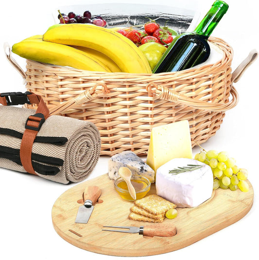 Hap Tim Dual Wicker Picnic Basket Set with Blanket for 2 - Unique Gifts Ideas for Couple, Engagement, Wedding, Bridal Shower, Family, Christmas - White Elephant Gifts for Adults（Y2408A-2）