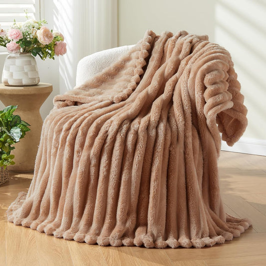 NEWCOSPLAY Super Soft Throw Blanket Taupe Premium Silky Flannel Fleece 3D Ribbed Jacquard Lightweight Bed Blanket All Season Use (Taupe Ribbed, Throw(50"x60"))