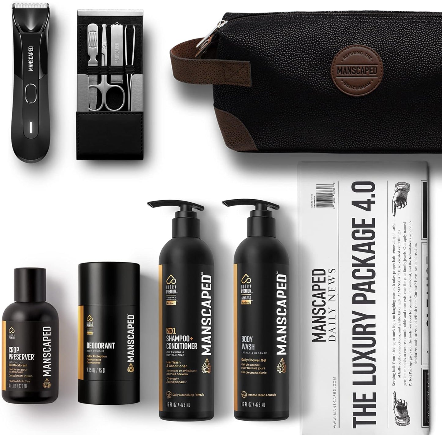 MANSCAPED® The Luxury Package 4.0 Includes: The Lawn Mower® 4.0 Electric Trimmer, The Shears 2.0 Nail Kit, Crop Preserver™, Deodorant, Body Wash, 2-IN-1 Shampoo & Conditioner, The Shed toiletry bag