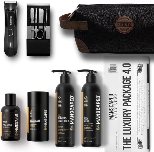 MANSCAPED® The Luxury Package 4.0 Includes: The Lawn Mower® 4.0 Electric Trimmer, The Shears 2.0 Nail Kit, Crop Preserver™, Deodorant, Body Wash, 2-IN-1 Shampoo & Conditioner, The Shed toiletry bag