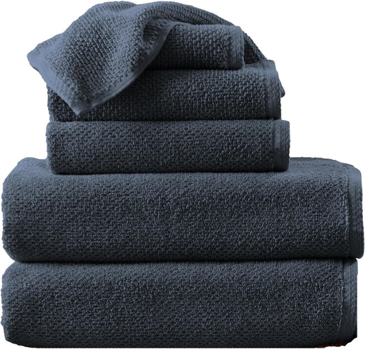 Navy Bath Towels - 100% Cotton 6 Piece Towel Set - 2 Bath Towels, 2 Hand Towels, 2 Washcloths - Absorbent, Quick-Drying, Durable Towel for Bathroom Decor - Low-Twist, Two-Ply Fibers (Stone Blue)