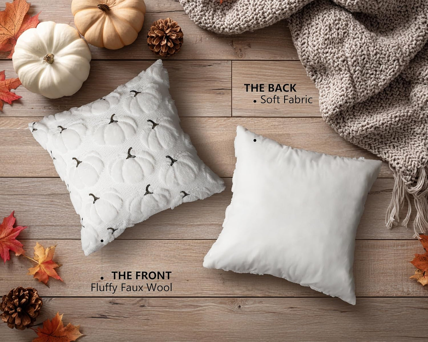 4TH Emotion Fall Pumpkins Decorative Pillow Covers 20x20 Set of 2, White Soft Plush Faux Fur Wool Farmhouse Throw Cushion Cases for Autumn Thanksgiving Holiday Home Decorations