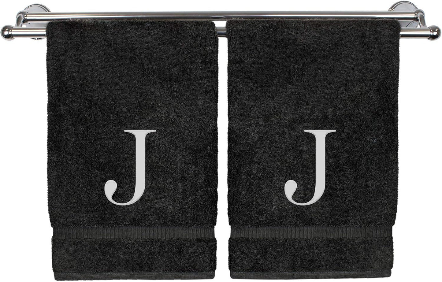 Monogrammed Hand Towel, Personalized Gift, Set of 2- White Block Letter Embroidered Towel - Extra Absorbent 100% Turkish Cotton - Soft Terry Finish - Initial J Black