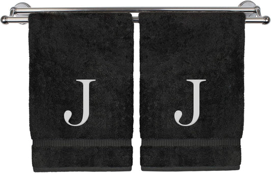 Monogrammed Hand Towel, Personalized Gift, Set of 2- White Block Letter Embroidered Towel - Extra Absorbent 100% Turkish Cotton - Soft Terry Finish - Initial J Black