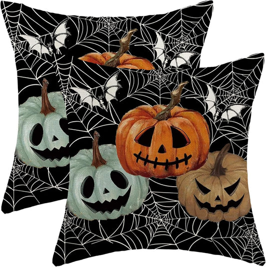 Halloween Decor Pillow Covers 18x18 Set of 2 Spider Web Orange Pumpkin Bat Black Decorative Throw Pillow Covers Outdoor Decoration Autumn Pumpkin Pillowcase Farmhouse Cushion Case for Home Sofa