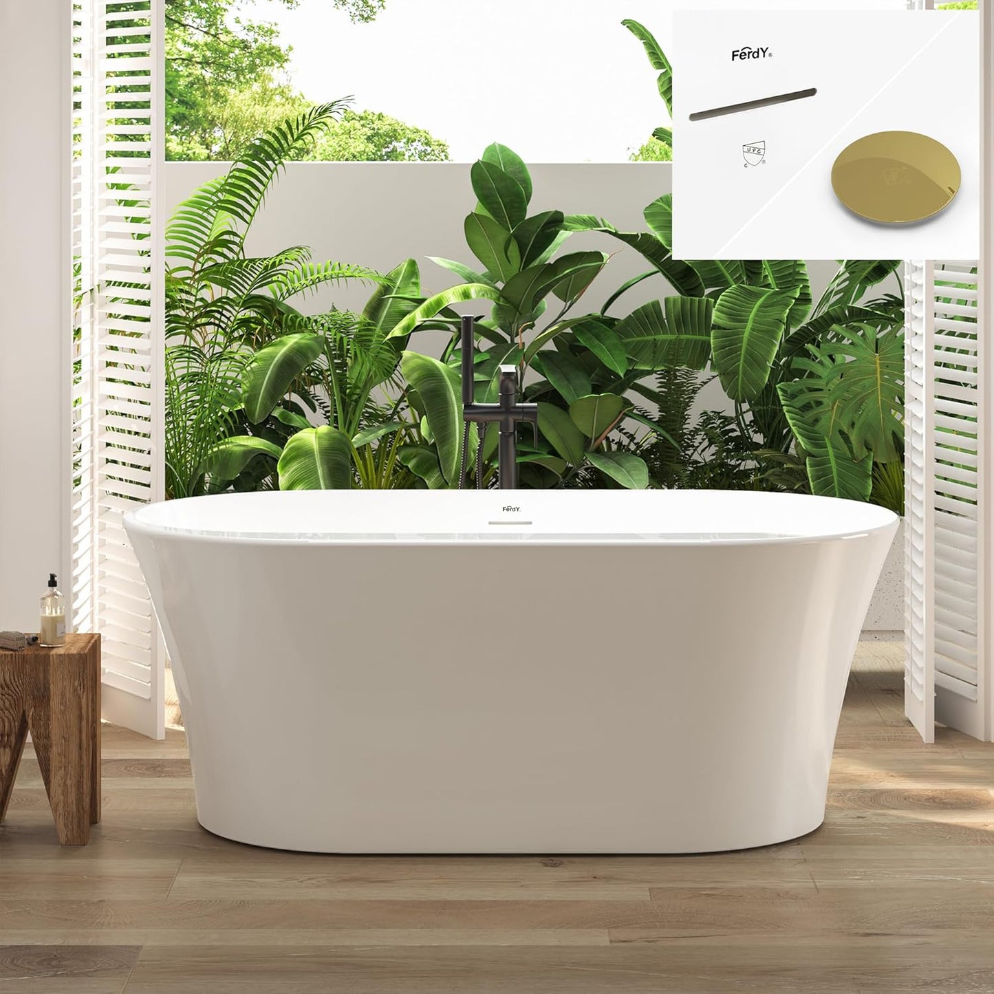 FerdY Mauritius 59" Acrylic Freestanding Tub, Oval Contemporary Soaker Tub, Extra Deep Bathtub, Polished Gold Drainage and Minimalist Linear Design Overflow, Modern White, cUPC Certified