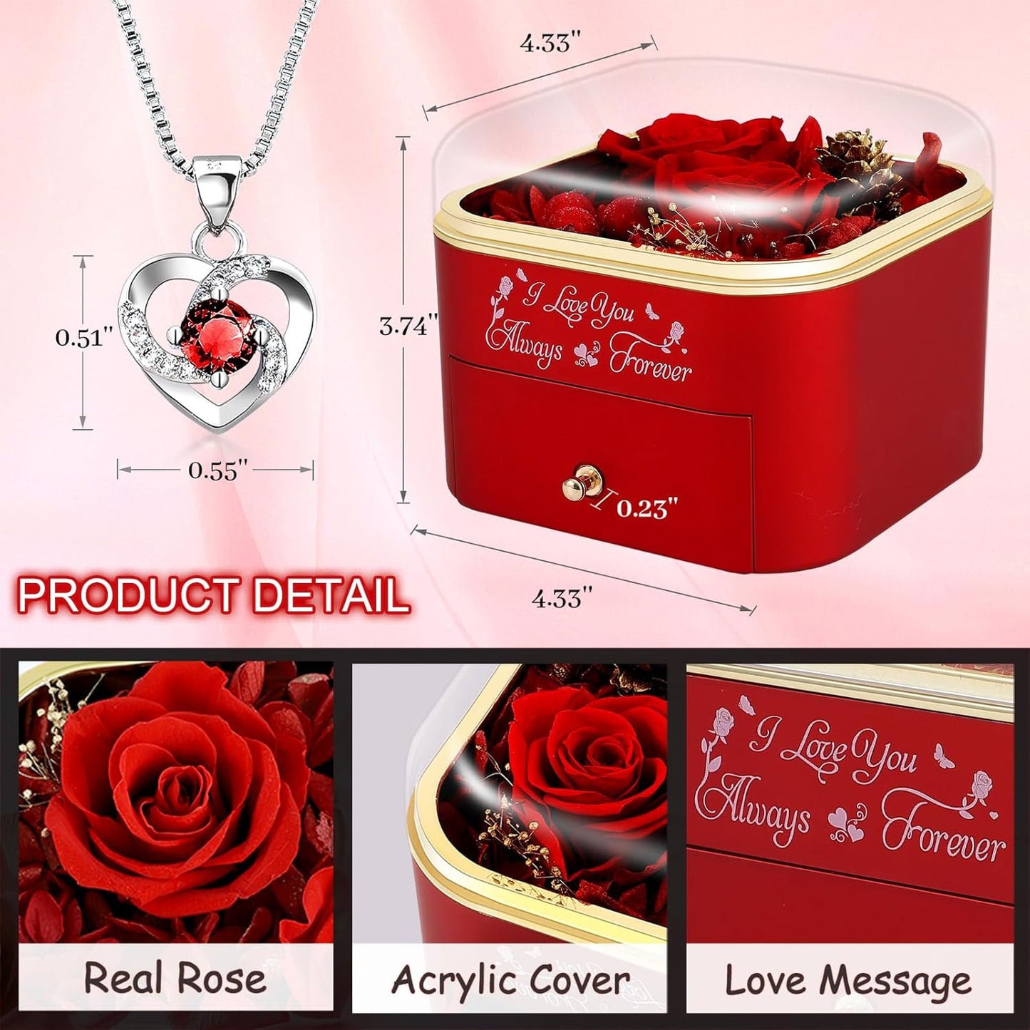 Preserved Roses Jewelry Box with Heart Necklace - Eternal Rose & ‘I Love You Always & Forever’ Engraving - Luxury Gift for Mom, Wife, or Grandma on Mother’s Day