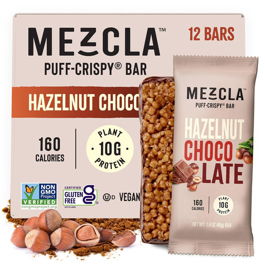 Mezcla Puff Crispy Protein Bars, Gluten Free & Vegan Protein Bars, 10g Protein, Alt for Crispy Rice Treat, Granola Bars & Breakfast Bars, Healthy Snacks for Adults, Hazelnut Chocolate, 12 Pack