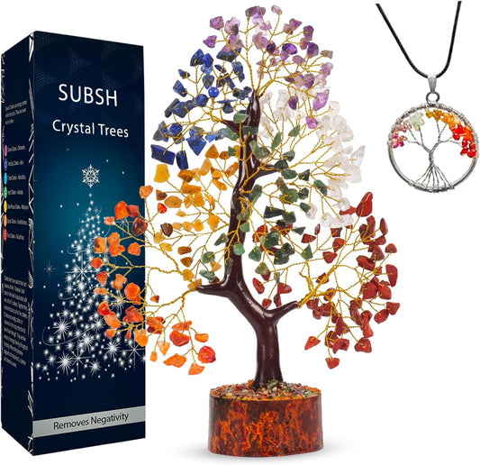 Crystal Tree of Life, Chakra Gemstone Pendant, 7 Chakra Healing Trees for Home Decor, Office Desk Decor, Room Decor, Bonsai Trees for Positive Energy, Good Luck Birthday Gifts for Women 10-12"