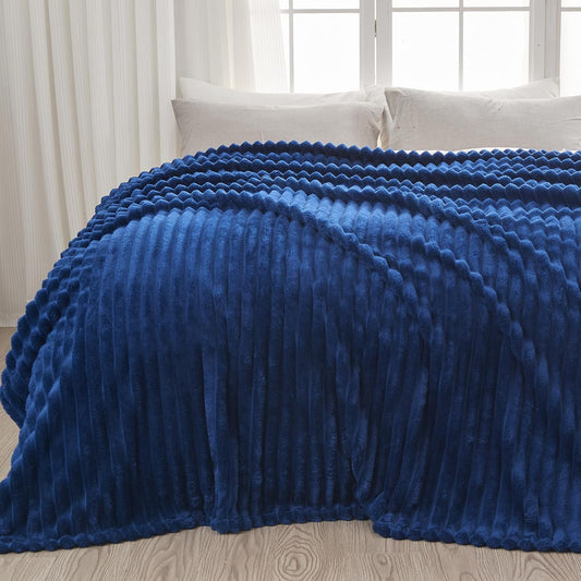 NEWCOSPLAY Super Soft King Blanket Navy Premium Silky Flannel Fleece 3D Ribbed Jacquard Lightweight Bed Blanket All Season Use (Navy Ribbed, King(90"x110"))