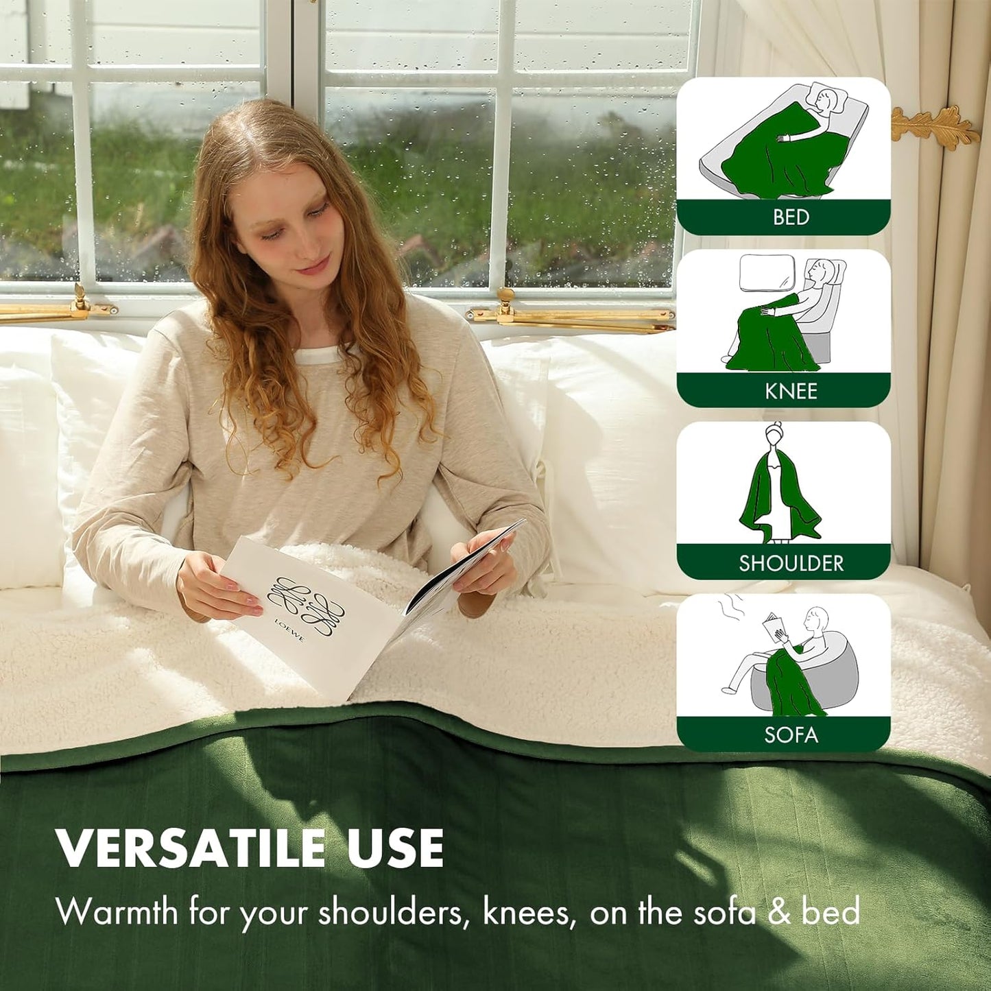 Electric Throw Blanket 50" x 60" - Soft Flannel Sherpa Heated Lap Blanket with 5 Heating Levels & 4 Hours Auto Off, Electric Throw Blanket as a Gift for Grandma, Machine Washable (Green)