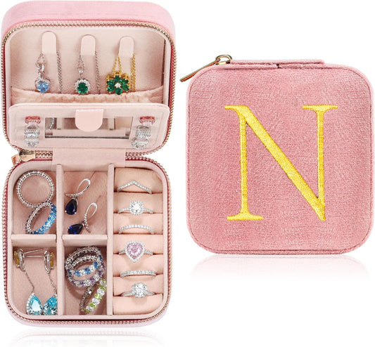 Parima Birthday Gifts for Women Girl - Jewelry Case Organizer Small Travel Jewelry Box 6 7 8 9 10 11 12 13 14 15 Sweet 16 Year Old Girl Gifts 30th 40th 50th 60th Birthday Gifts Women - Letter N, Pink