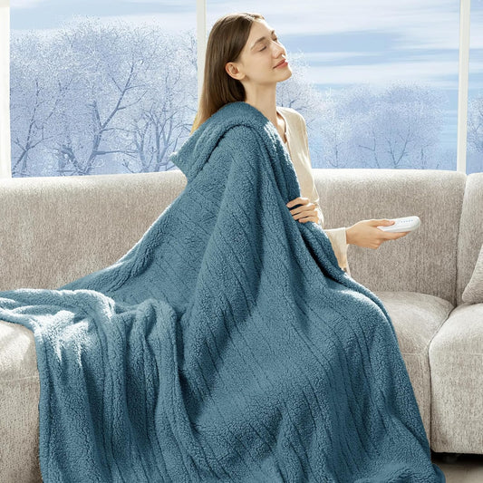 Heated Blanket Throw 50"X60" - Soft Double Sided Sherpa Electric Blanket Throw with 5 Heatings Levels & 4 hrs Auto Shut Off, Overheat Protection & ETL Certified for Women(Blue)