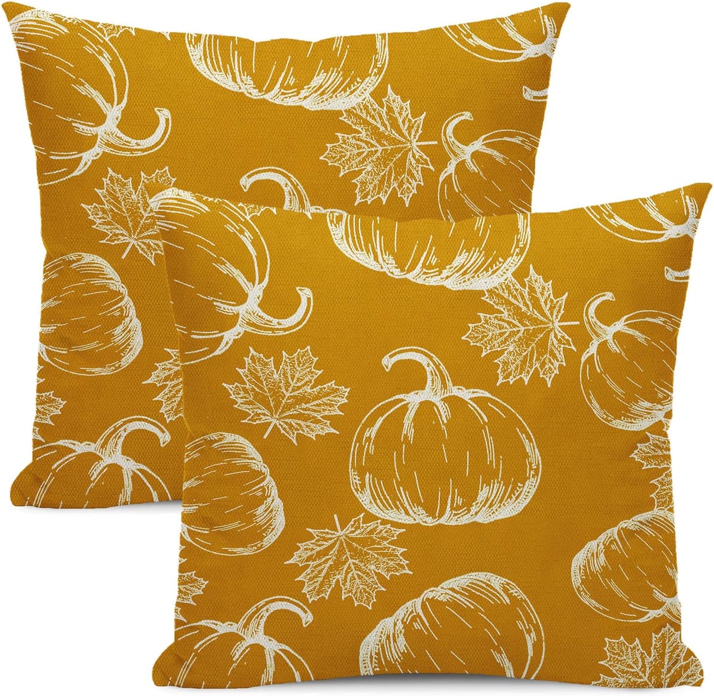 Fall Pillow Covers 18x18 Set of 2 Fall Yellow Pumpkin Maple Leaves Throw Pillow Covers Outdoor Decor Fall Thanksgiving Decorations for Autumn Decorative Linen Cushion Covers for Couch Sofa