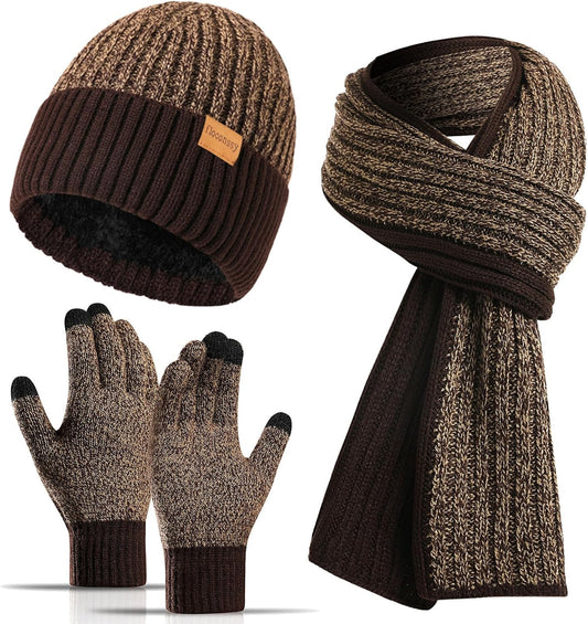 Men's Winter Hat Scarf Gloves Set, 3 PCS Warm Beanie Long Scarf Fleece Lined Touchscreen Gloves for Cold Weather