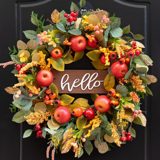 Fall Wreaths for Front Door Outside 24 Inch Autumn Wreath with Apples, Red Berries, Yellow Flowers, Eucalyptus Leaves and “Hello” Wooden Sign – Fall Door Wreath, Outdoor Wreaths for Front Door Decor