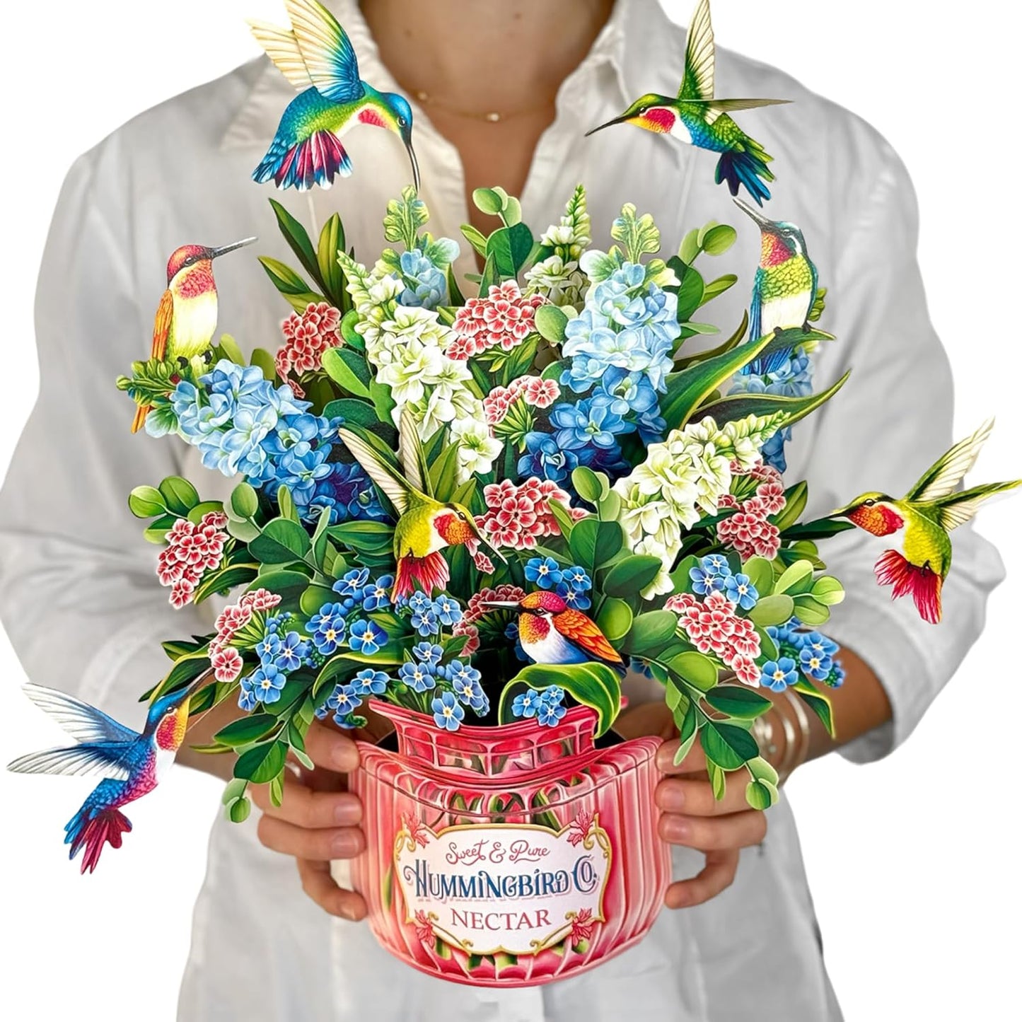 Freshcut Paper Pop Up Cards, Hummingbird Oasis, 12 Inch Life Sized Forever Flower Bouquet 3D Popup Greeting Card, Birthday Cards, Thank You Card, Blank Notecard & Envelope