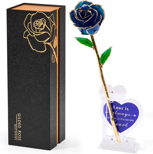 Mikasol Real 24K Gold Dipped Realistic Rose – Timeless Lifelike Bloom with Heart Puzzle Base – Romantic Blue Flower Gift for Her, Wife, Girlfriend, Mom – Birthday, Anniversary, Mother’s Day (Blue)