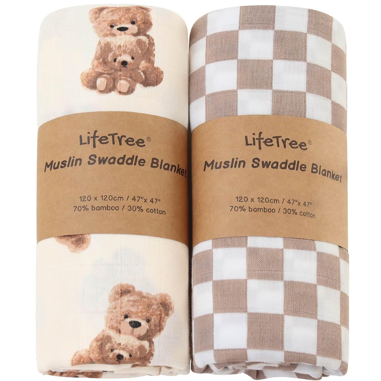 LifeTree Muslin Swaddle Blankets, Baby Swaddling Wrap Nursery Blanket Unisex, Soft 70% Viscose from Bamboo and 30% Cotton, Large 47 x 47 inches, Bear & Checkered Swaddle Blanket