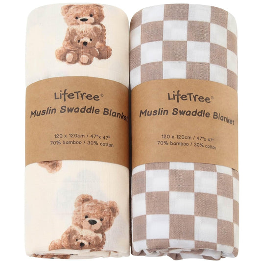 LifeTree Muslin Swaddle Blankets, Baby Swaddling Wrap Nursery Blanket Unisex, Soft 70% Viscose from Bamboo and 30% Cotton, Large 47 x 47 inches, Bear & Checkered Swaddle Blanket