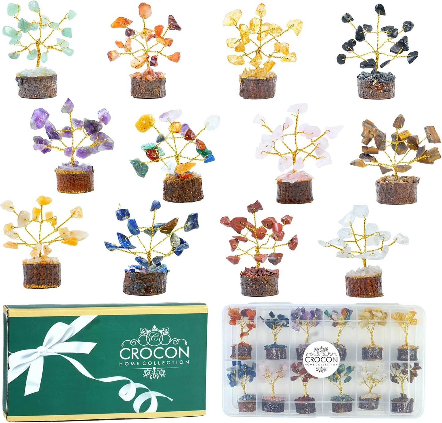 Crocon 12 Pcs Crystal Tree of Life Set Mini 7 Chakra Healing Crystals Trees for Birthday Gifts for Women Sister mom Positive Energy Tree for Home Room & Office Desk Décor Good Luck Present for Mother