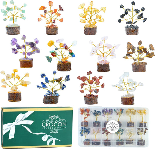 Crocon 12 Pcs Crystal Tree of Life Set Mini 7 Chakra Healing Crystals Trees for Birthday Gifts for Women Sister mom Positive Energy Tree for Home Room & Office Desk Décor Good Luck Present for Mother