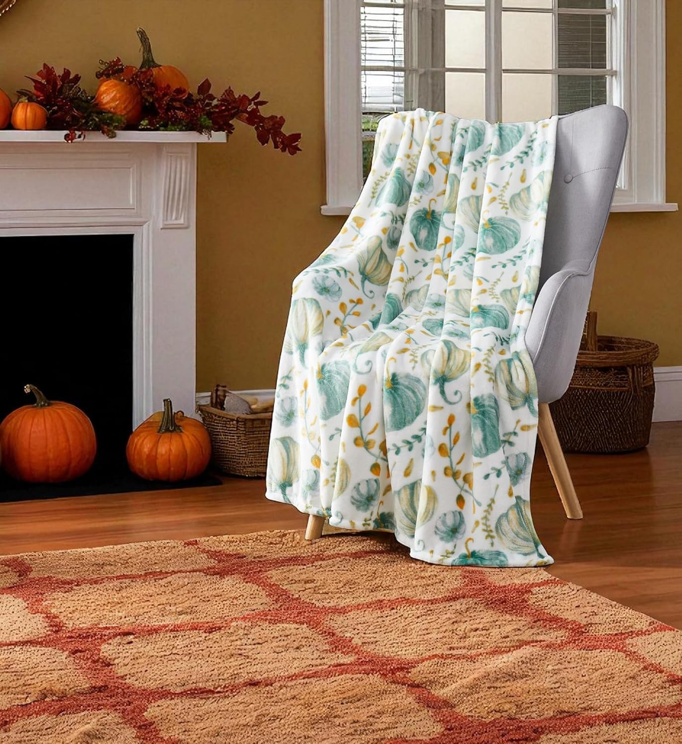 Velvety Soft Fall Home Decor Pumpkin Fleece Throw Blanket Thanksgiving Cozy Fuzzy Autumn Teal Blue Green Yellow on White Background for Couch Bed Sofa, 70 x 50 Inch