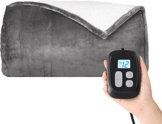 Heated Electric Blanket Queen Size 84''x90'', Dual Controller Soft Flannel with 10 Heat Settings 1-12 Hour Auto Off Large Blanket for Bed- Light Grey