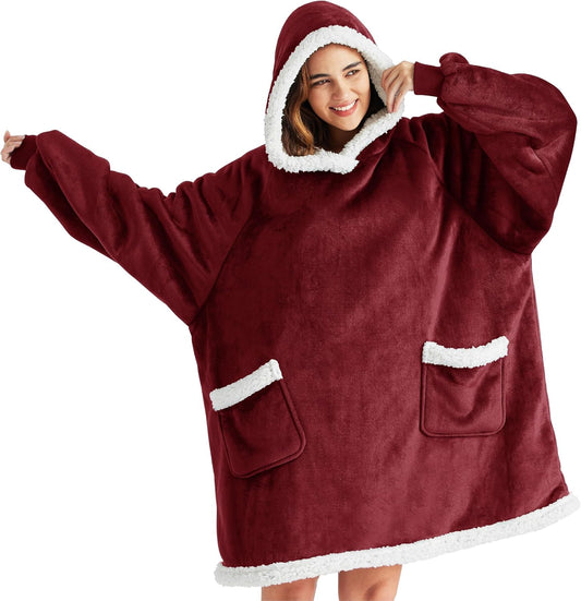 Bedsure Blanket Hoodie, Wearable Blanket for Adults & Kids as Gifts for Women Men, Birthday Gifts for Women Mom Girl Sherpa Oversized Hoodie, Burgundy, Standard
