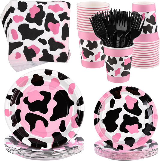 144 Pieces Pink Cow Print Party Tableware Sets Including Disposable Plates Napkins Cups Forks Serves 24 for Cow Theme Farm Animal Party Supplies
